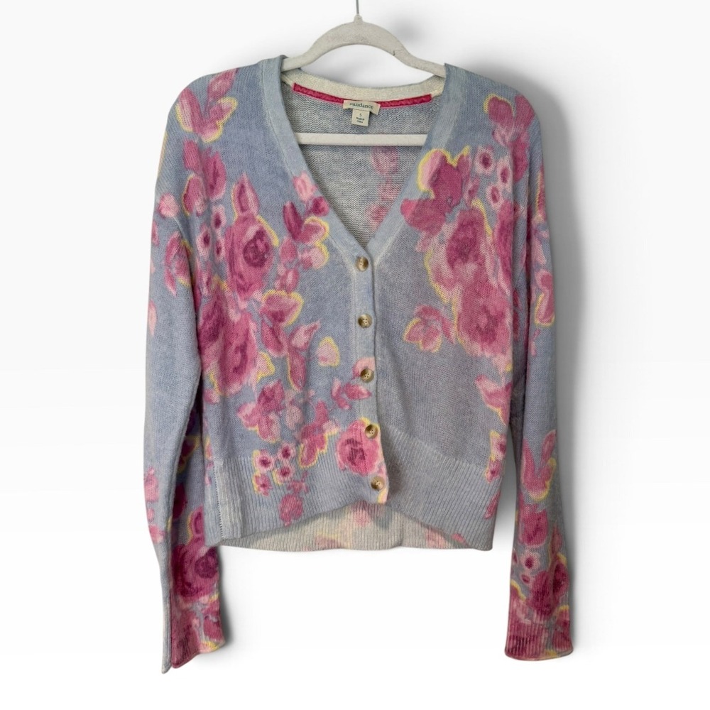 Sundance Floral Watercolor Cardigan Sweater Blue Pink Wool Blend V-Neck Small